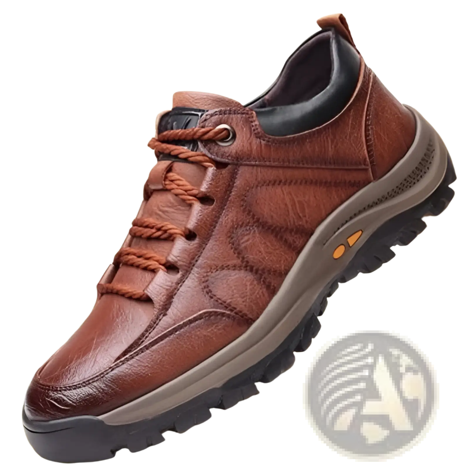 Men’s leather hiking shoe in brown with rugged sole and orange accents designed for vintage casual footwear use