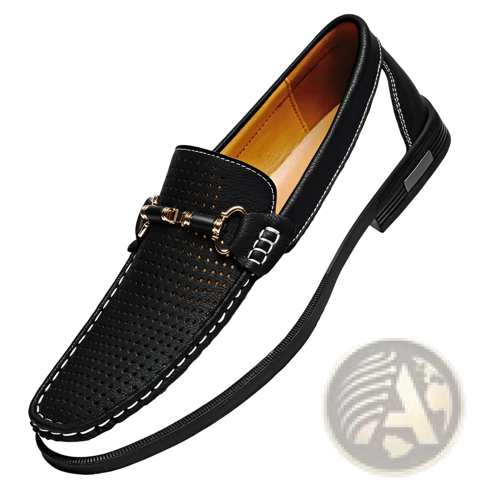 Men’s black and white perforated leather horsebit loafers with gold-tone buckle for casual wear