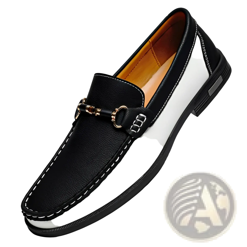 Men’s black and white leather horsebit loafers with gold-toned buckle casual moccasins visible from front side