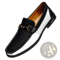 Men’s black and white leather horsebit loafers with gold-toned buckle casual moccasins visible from front side