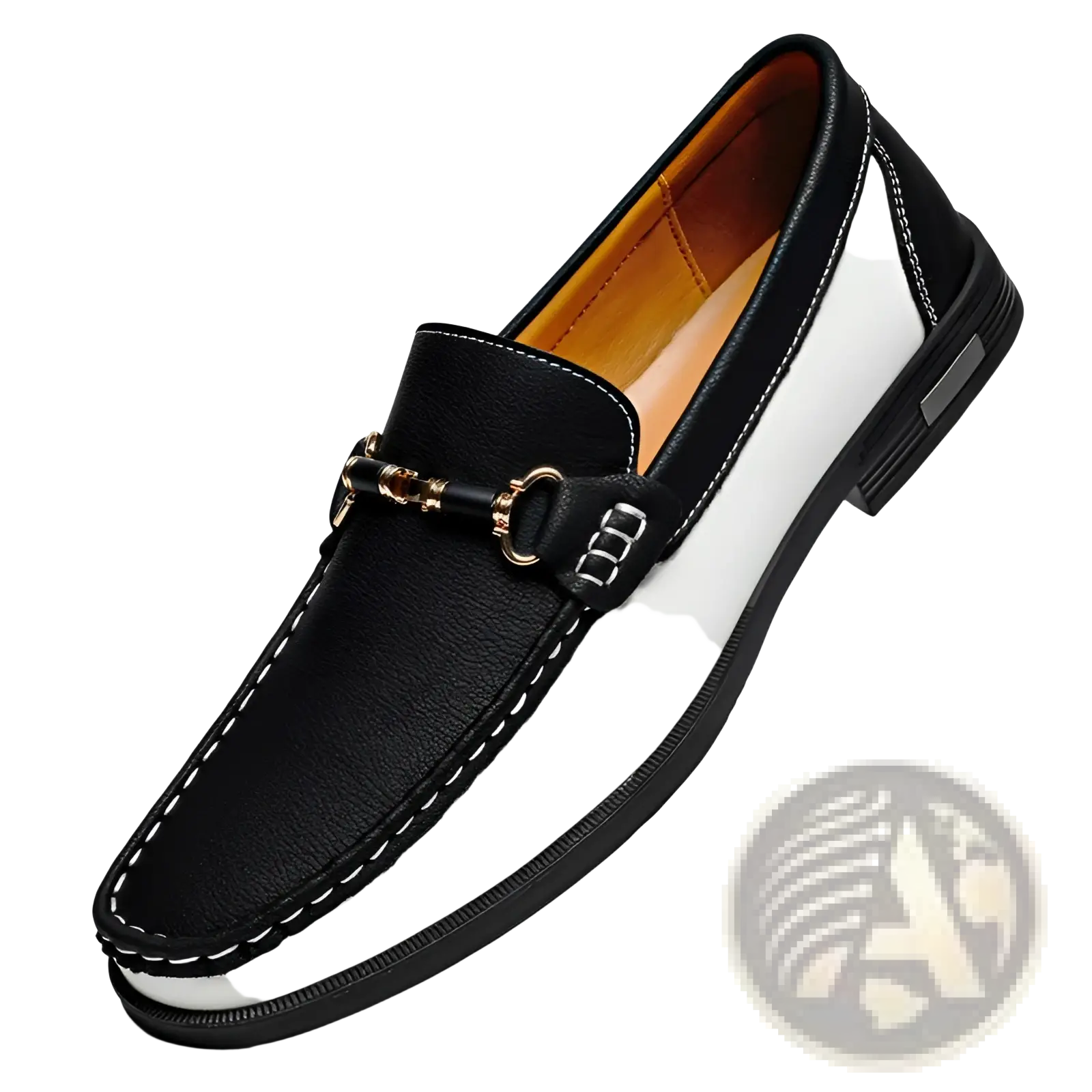Men’s black and white leather horsebit loafers with gold-toned buckle casual moccasins visible from front side
