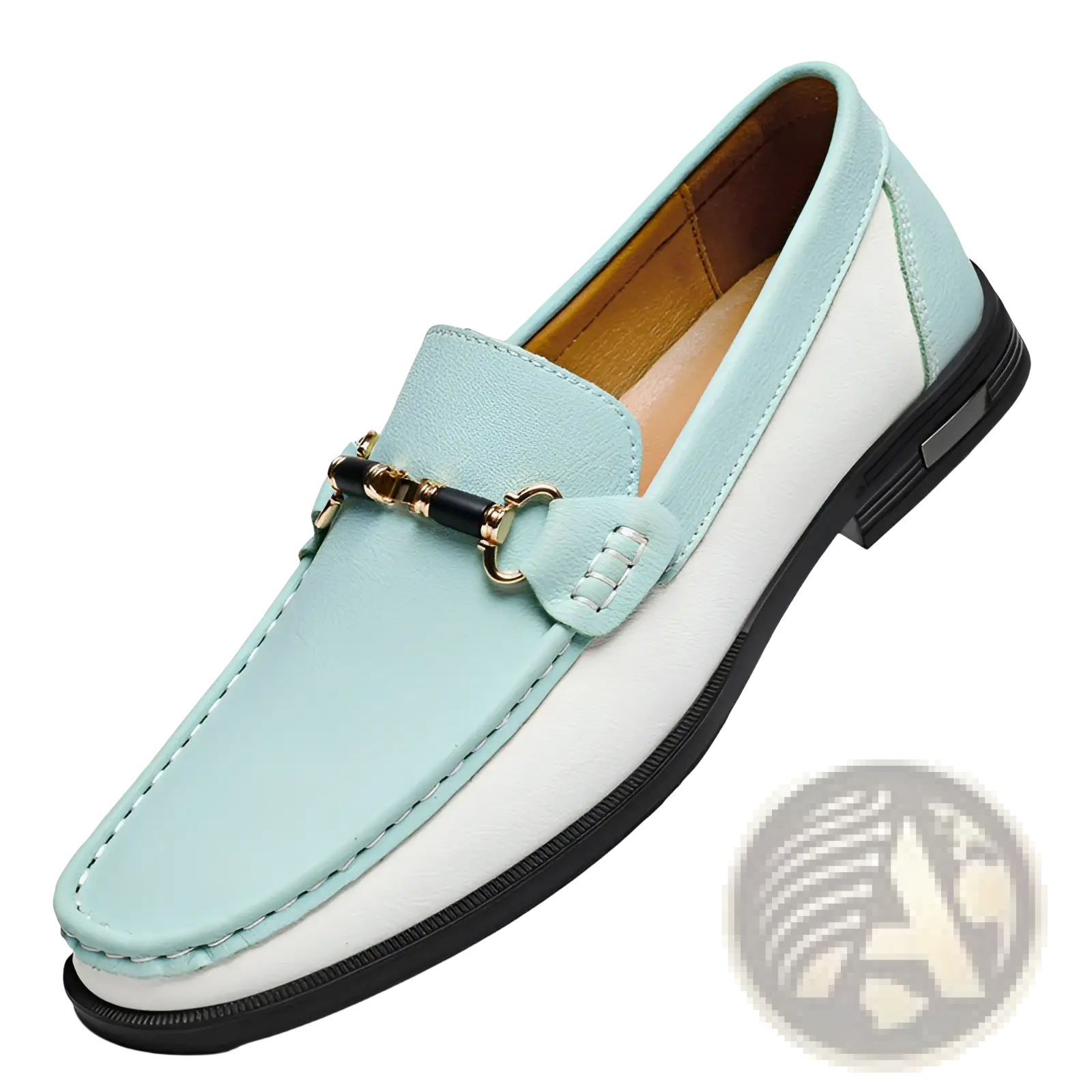 Men’s leather horsebit loafers in light blue and white with a black and gold buckle for casual wear
