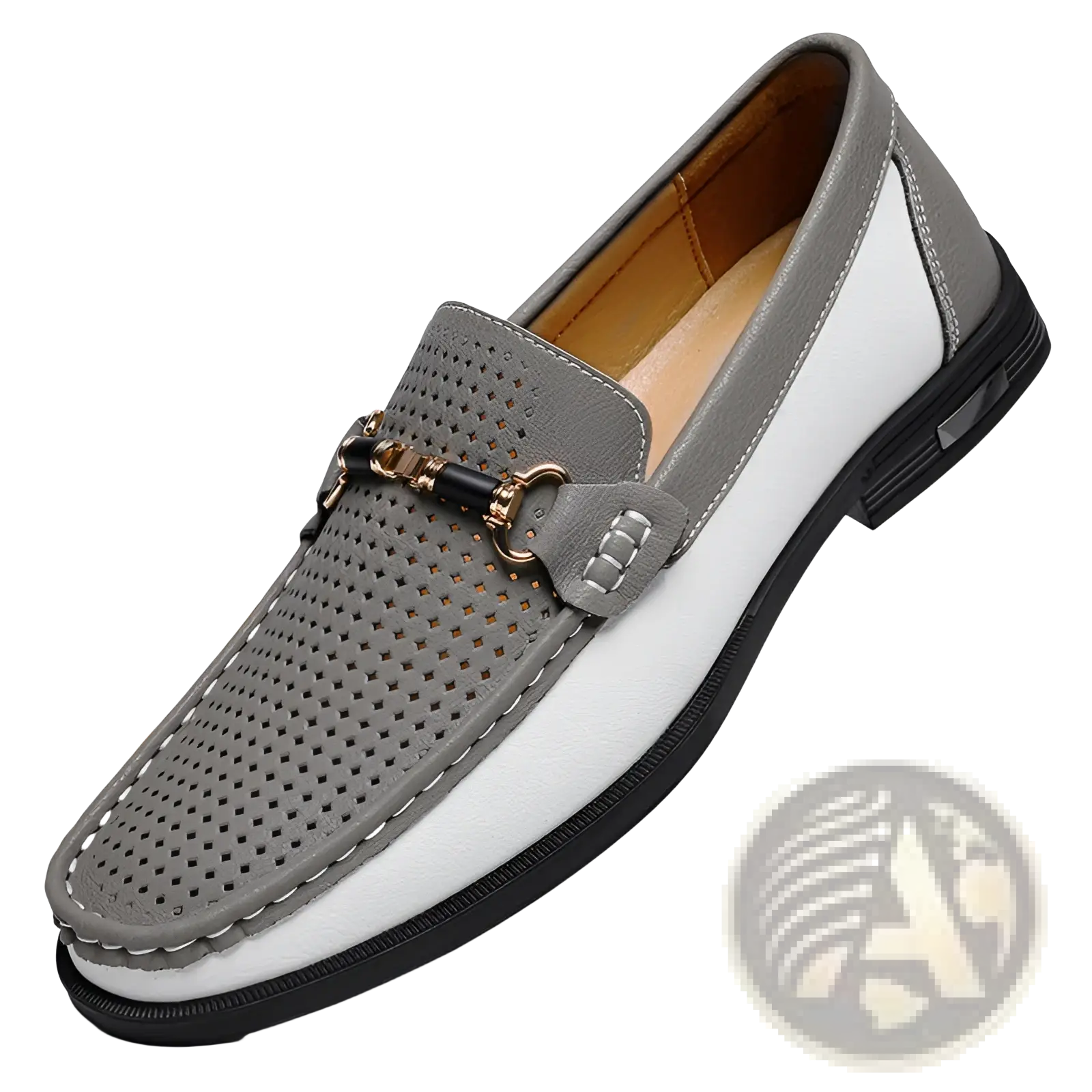 Gray and white perforated leather men’s horsebit loafers featuring a gold-tone buckle for casual wear