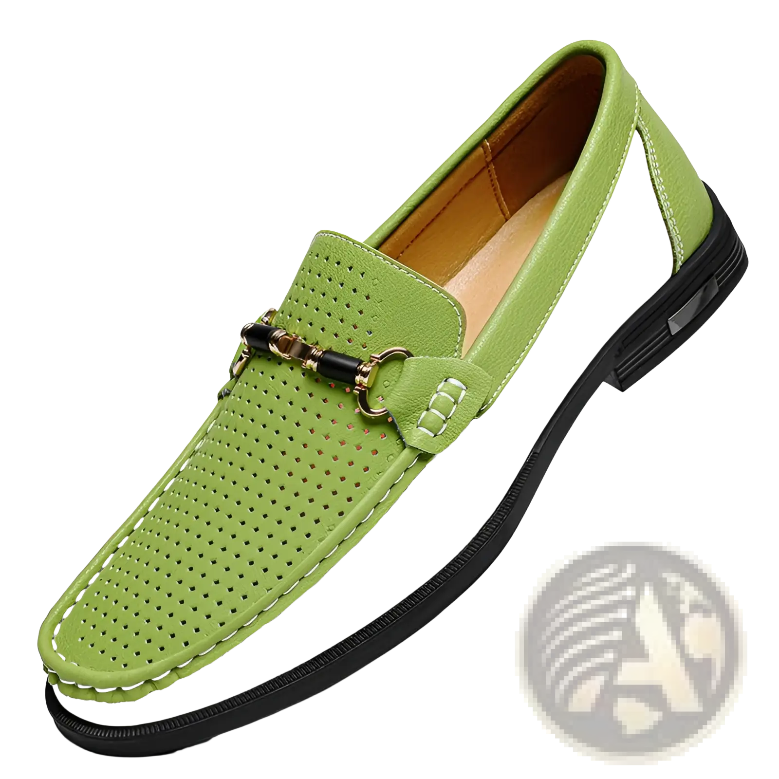 Men’s leather horsebit loafers in lime green and white perforated leather with black heel and gold-tone buckle accent