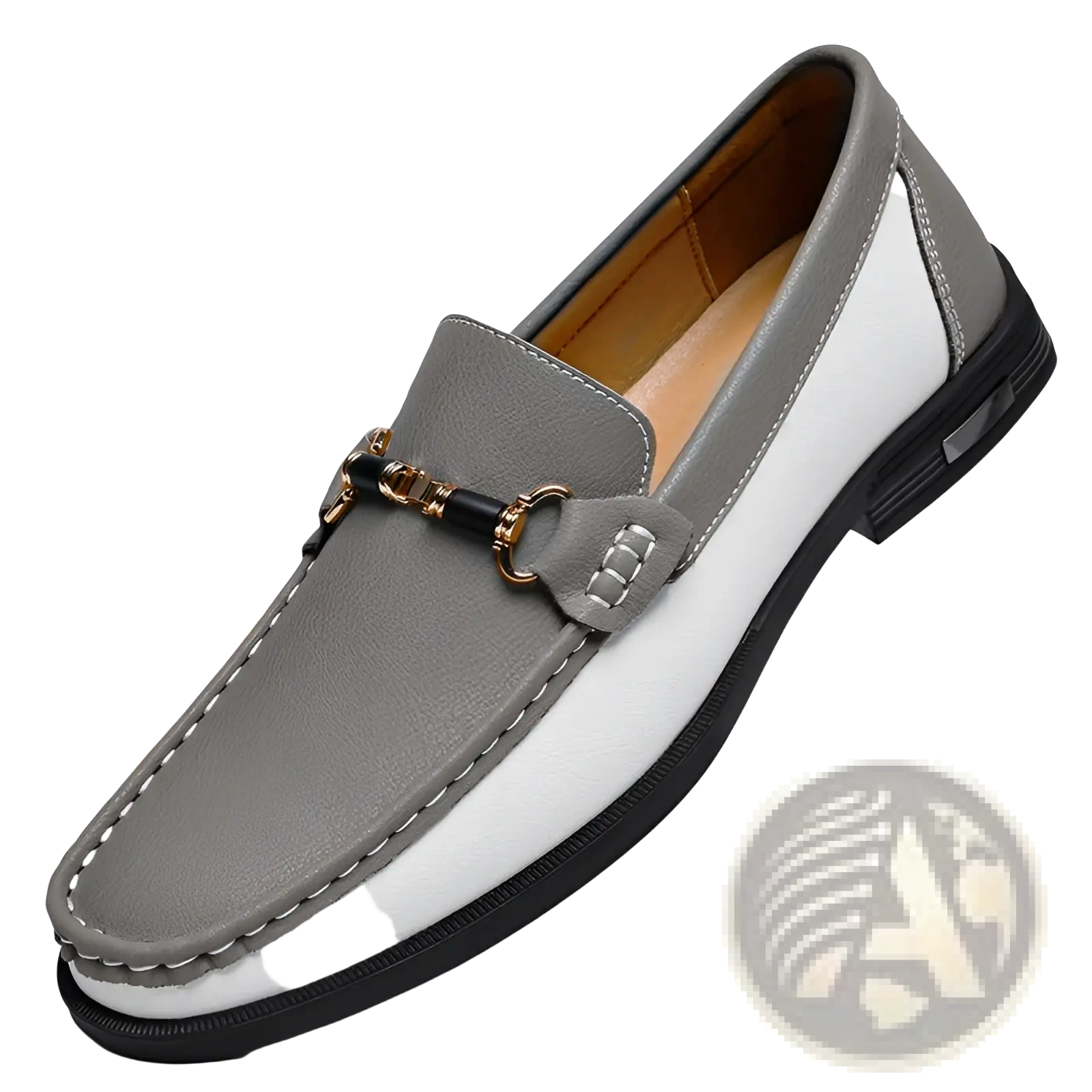 Men’s leather horsebit loafers casual moccasins in gray and white two-tone leather with gold-toned buckle