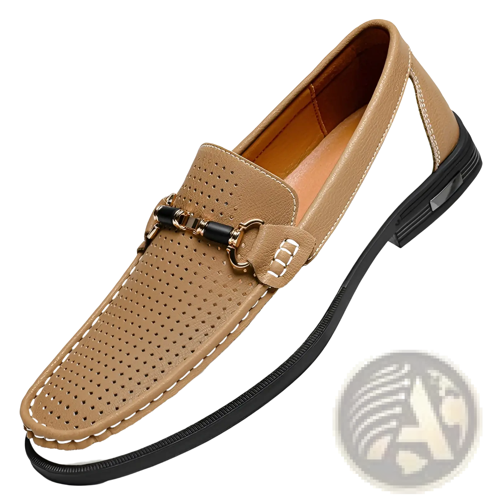 Men’s tan and white perforated leather horsebit loafers casual moccasins with gold-tone buckle detail