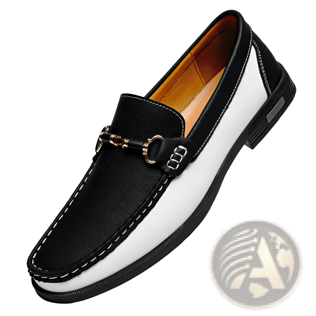 Men’s black and white leather horsebit loafers with gold-tone buckle casual moccasins for everyday wear