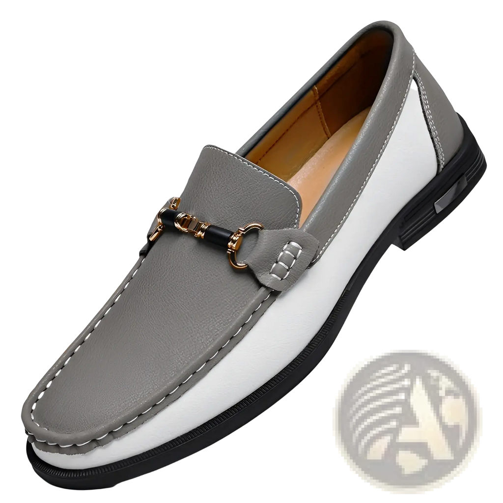 Gray and white leather men’s horsebit loafers with gold-toned buckle designed as casual moccasins