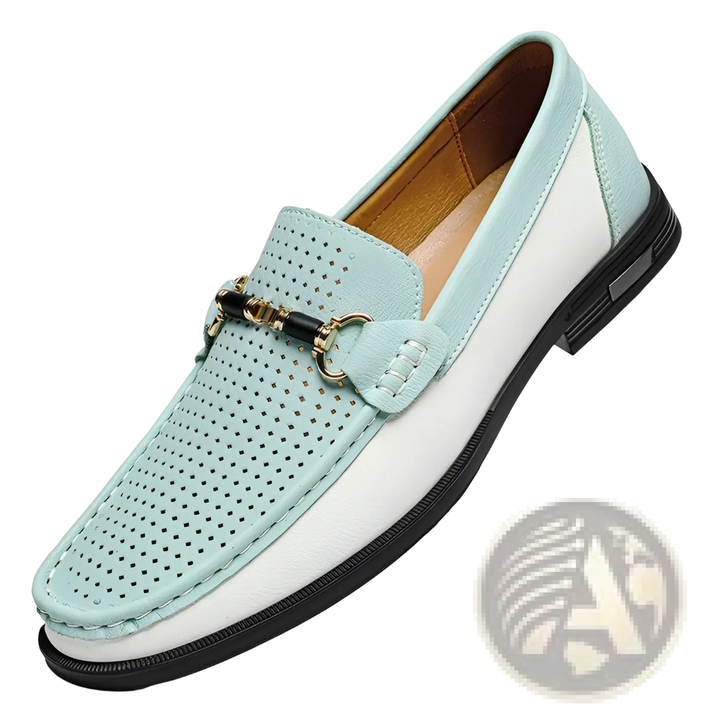 Men’s light blue and white perforated leather horsebit loafers with black and gold buckle for casual wear