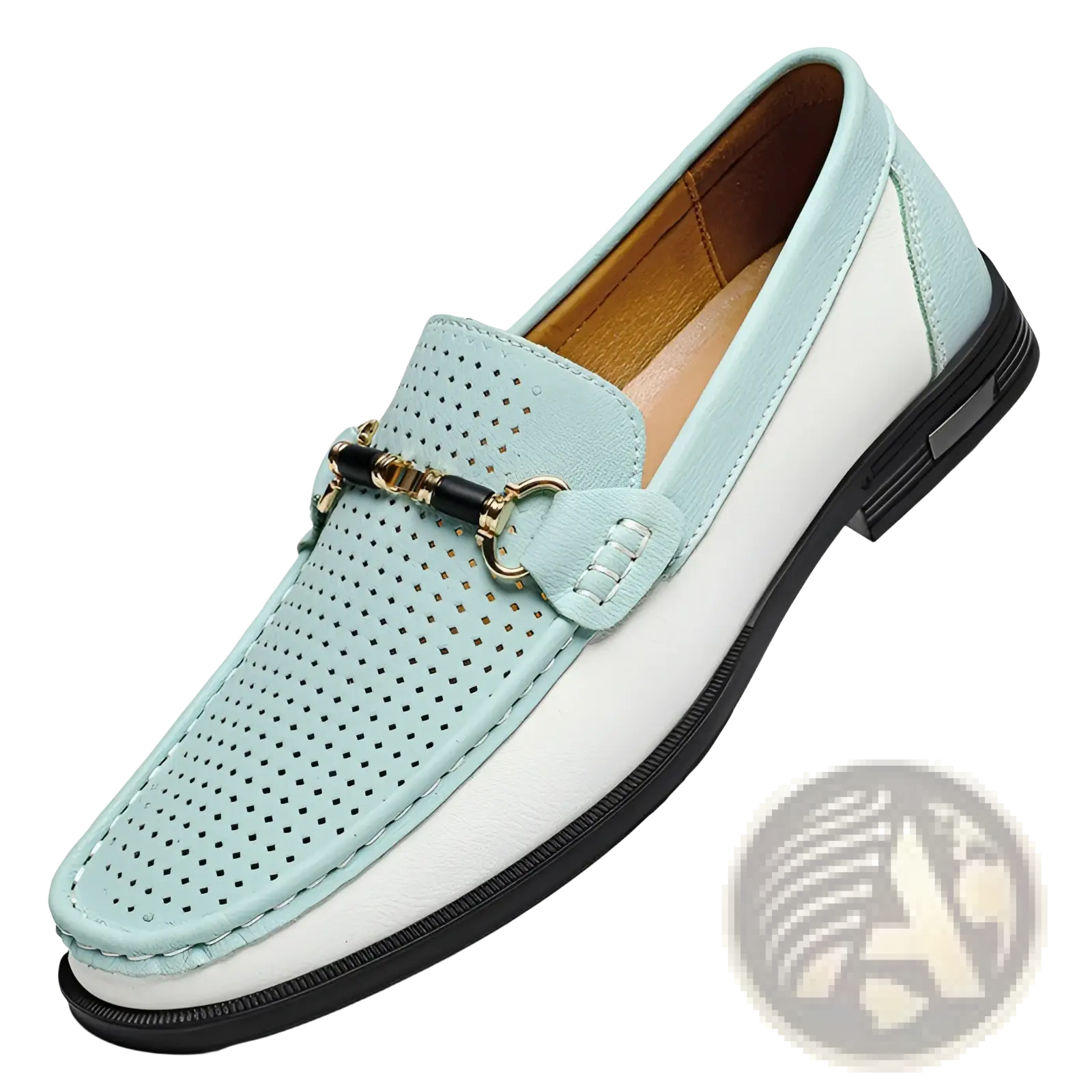 Men’s light blue and white perforated leather horsebit loafers with black and gold buckle for casual wear