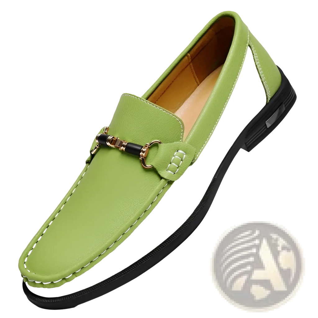 Men’s leather horsebit loafers in lime green and white leather with a black horsebit buckle for casual wear