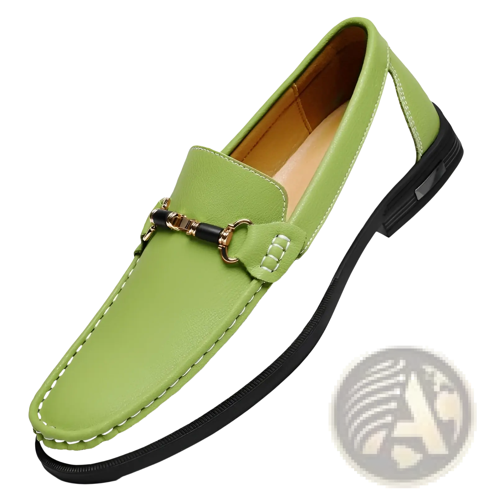Men’s leather horsebit loafers in lime green and white leather with a black horsebit buckle for casual wear