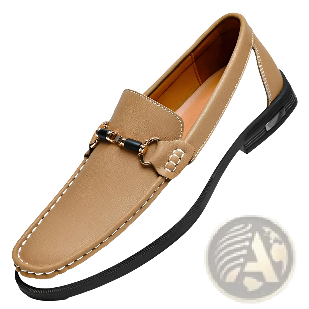 Men’s leather horsebit loafers casual moccasins in tan and white two-tone leather with black horsebit buckle detail