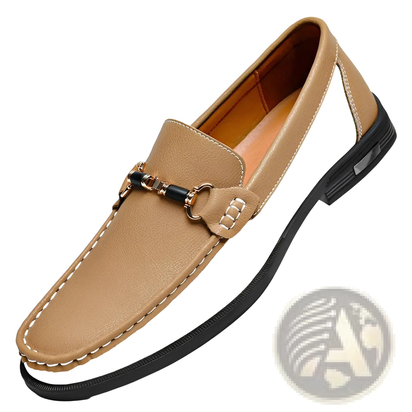 Men’s leather horsebit loafers casual moccasins in tan and white two-tone leather with black horsebit buckle detail