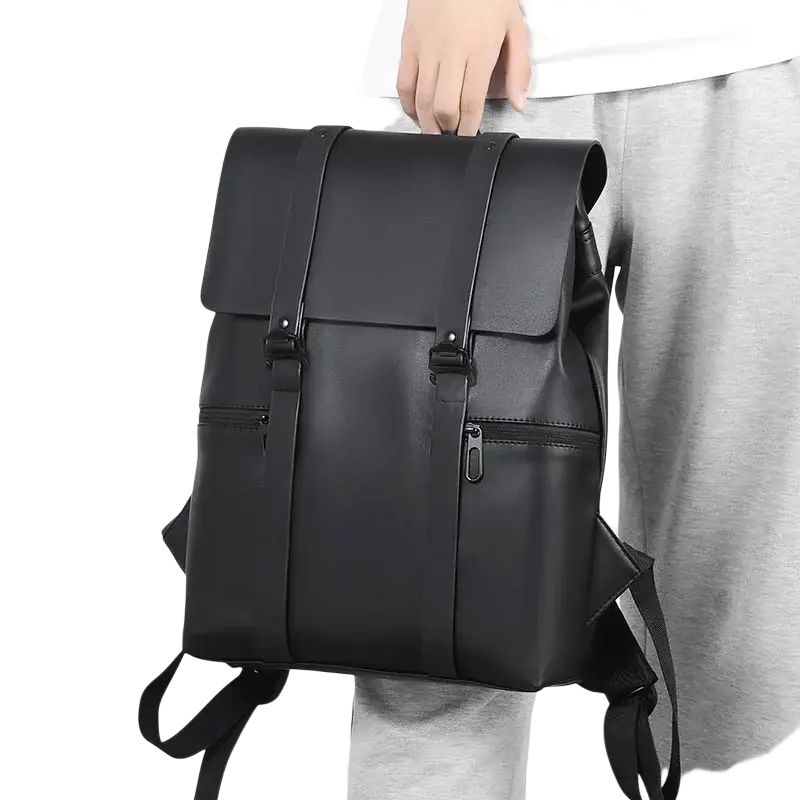 Men’s black leather laptop backpack with soft handle flap closure phone pocket and adjustable straps for comfort