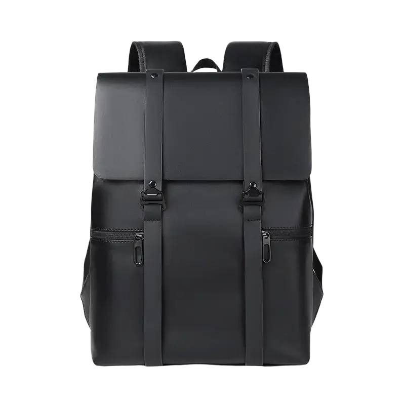 Men’s black leather laptop backpack with soft handle, air cushion straps, and a phone pocket for convenience