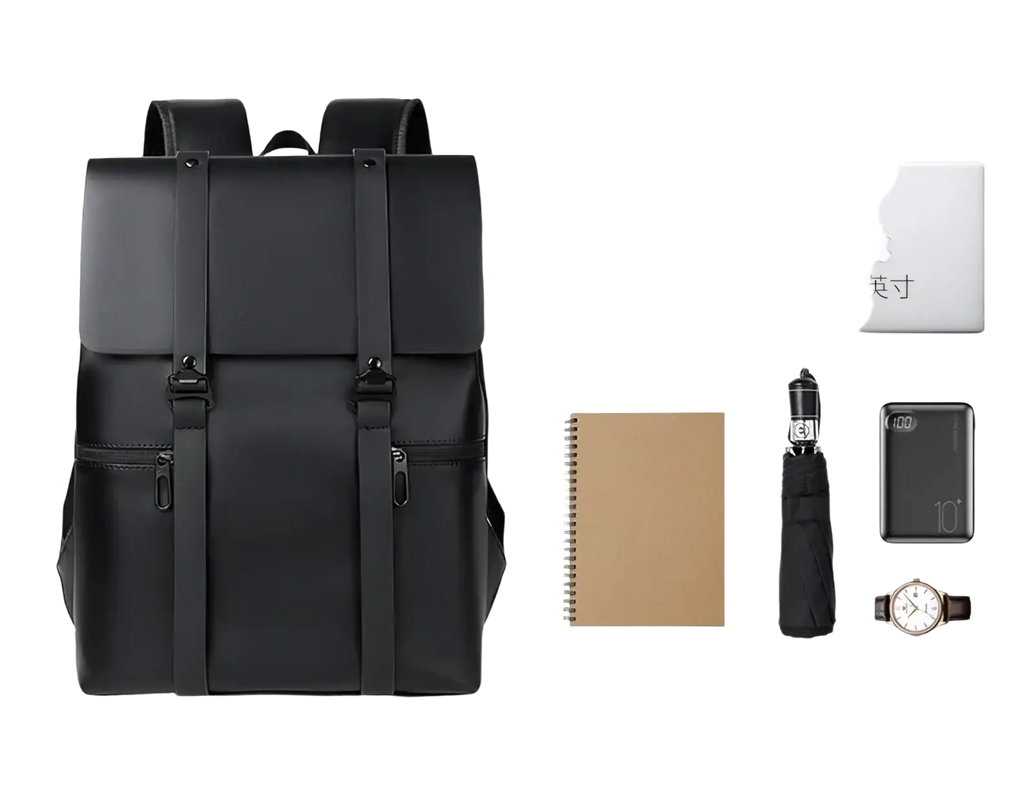 Men’s black leather laptop backpack with soft handle, air cushion back, and phone pocket for organized carrying