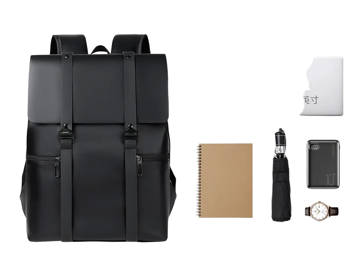 Men’s black leather laptop backpack with soft handle, air cushion back, and phone pocket for organized carrying
