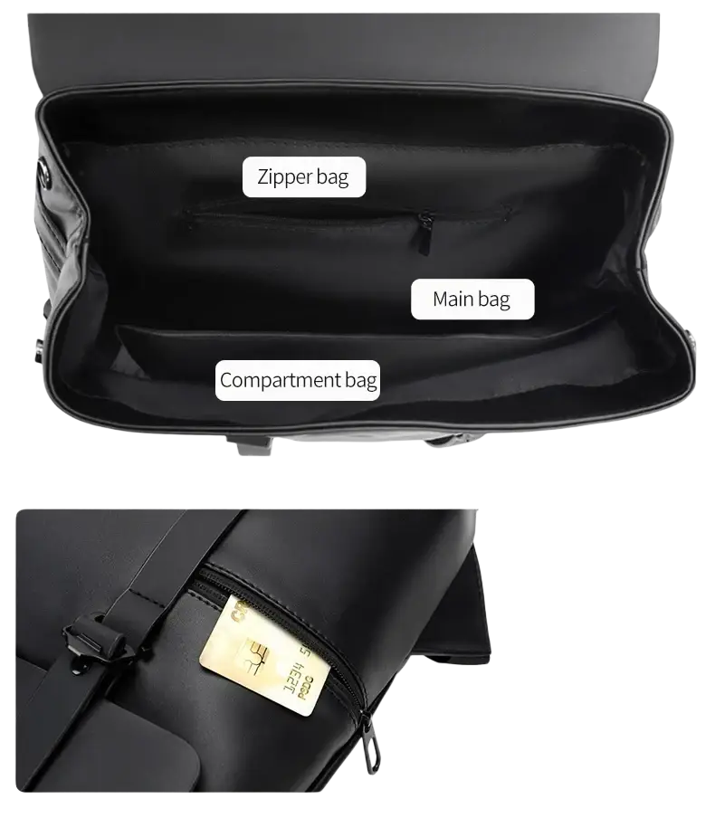 Men’s black leather laptop backpack with soft handle, multiple compartments, front zip pocket, and phone pocket features air cushion design