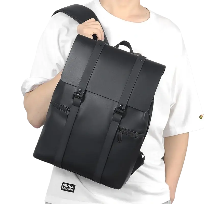Men’s black leather laptop backpack with soft handle, air cushion straps, and a convenient phone pocket for daily use