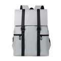 Men’s gray leather laptop backpack with soft handle, air cushion straps, and phone pocket in a sleek minimalist design