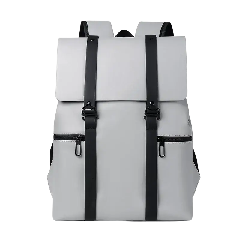 Men’s gray leather laptop backpack with soft handle, air cushion straps, and phone pocket in a sleek minimalist design