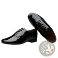 Men’s leather Latin and ballroom dance shoes in black patent leather with a polished finish and classic lace-up design
