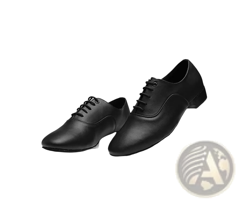 Men’s black leather latin and ballroom dance shoes with laces and a low heel shown from the back side