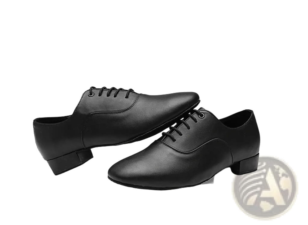 Men’s leather Latin and ballroom dance shoes in black with polished finish and low block heels