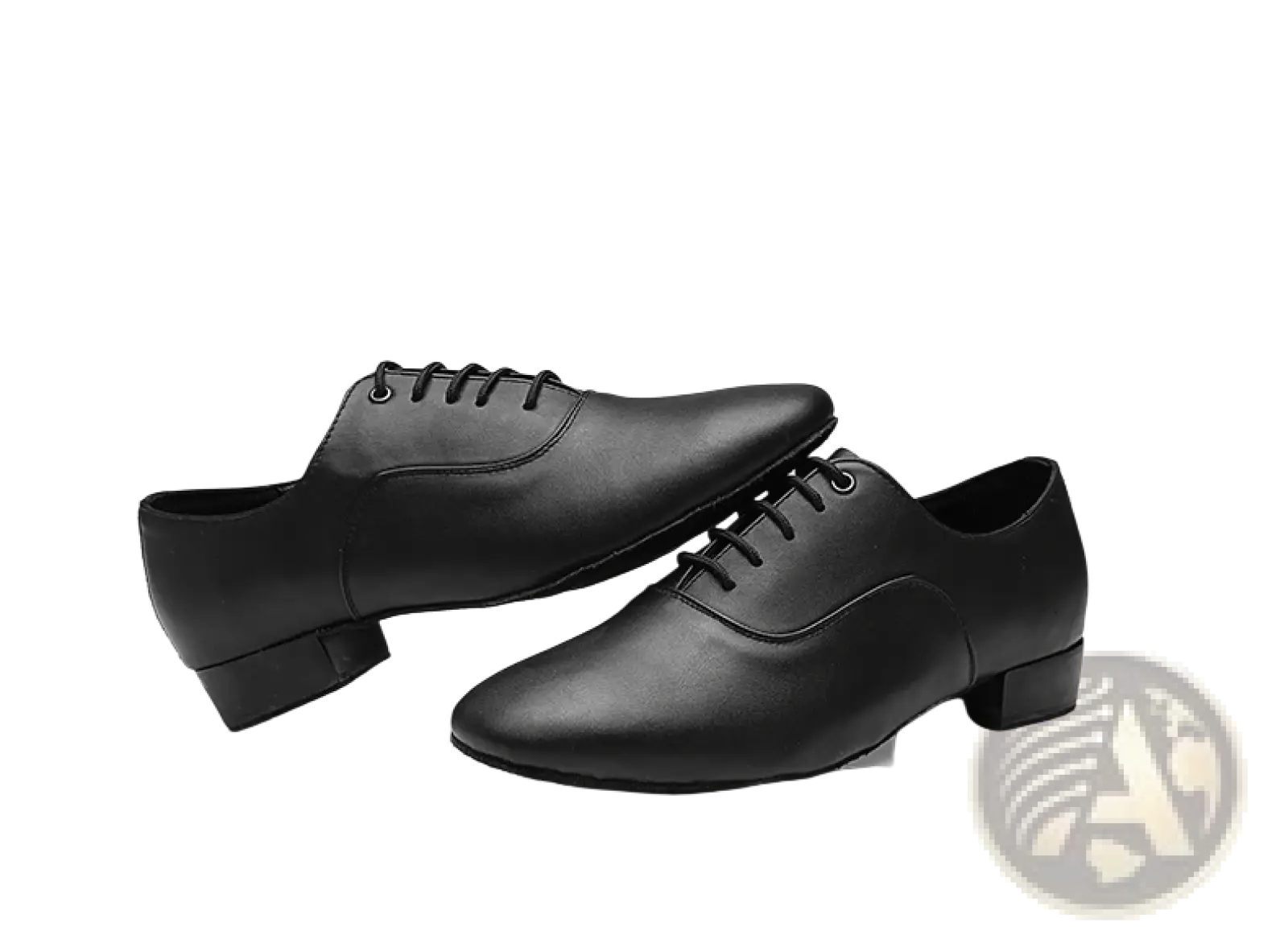 Men’s leather Latin and ballroom dance shoes in black with polished finish and low block heels