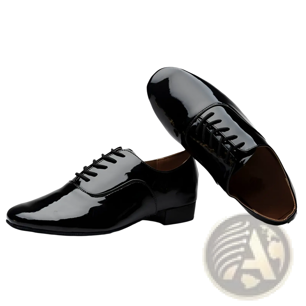 Men’s leather Latin and ballroom dance shoes in black patent leather with a polished finish and lace-up design