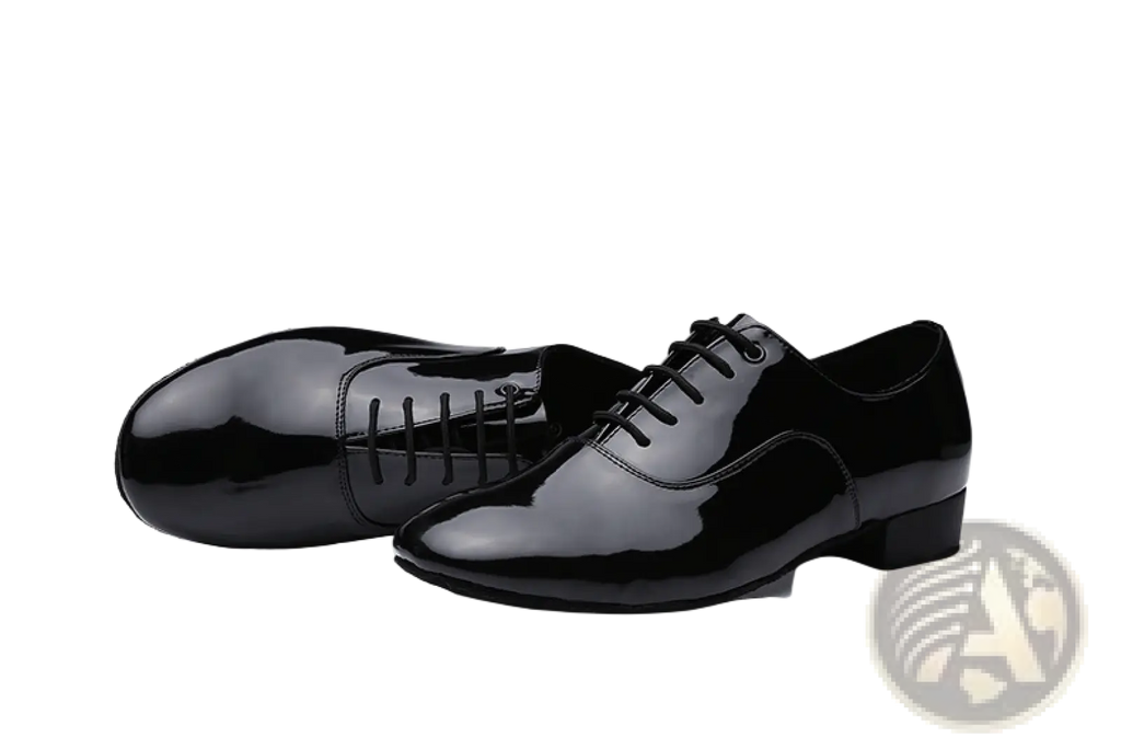 Black patent leather men’s Latin and ballroom dance shoes with a glossy finish and classic lace-up design
