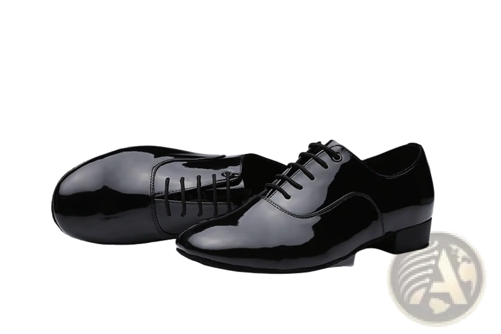 Black patent leather men’s Latin and ballroom dance shoes with a glossy finish and classic lace-up design