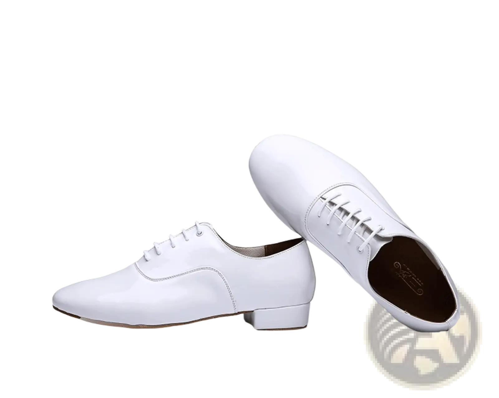 Men’s white leather Latin and ballroom dance shoes with polished finish and classic lace-up design