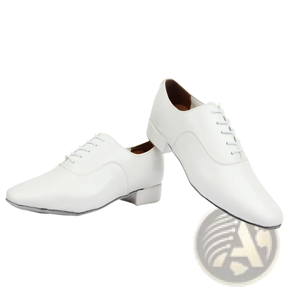 Men’s white leather Latin and ballroom dance shoes with low block heel and lace-up design