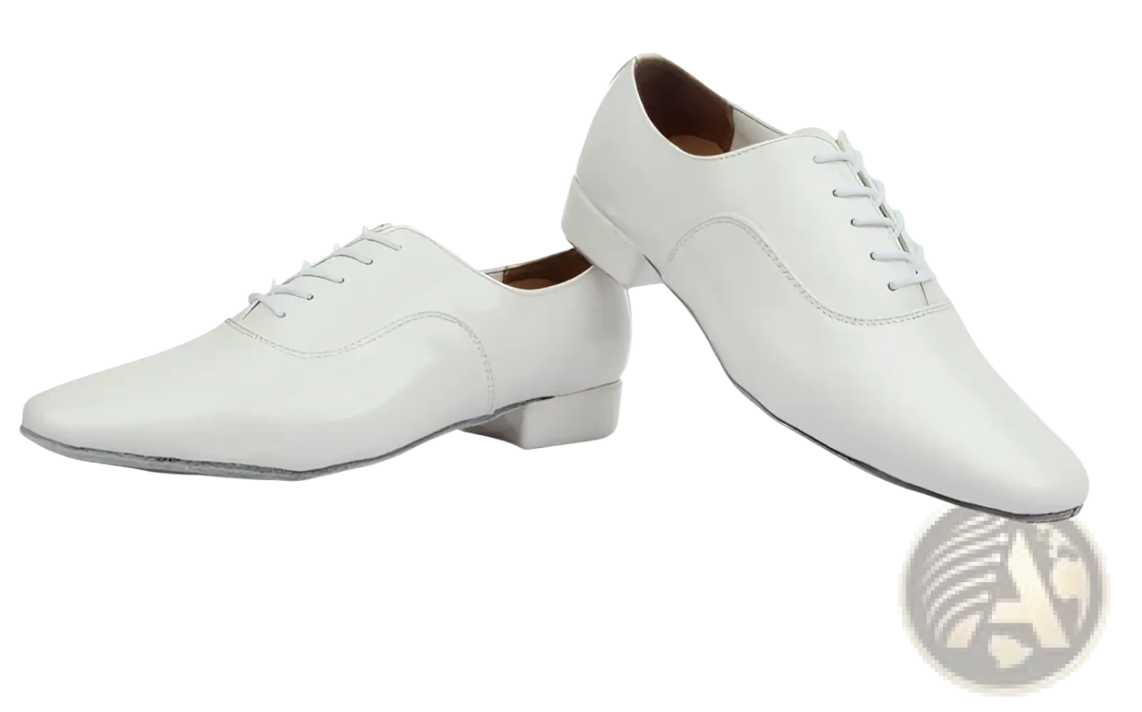 White leather men’s Latin and ballroom dance shoes with a sleek polished finish and low heel