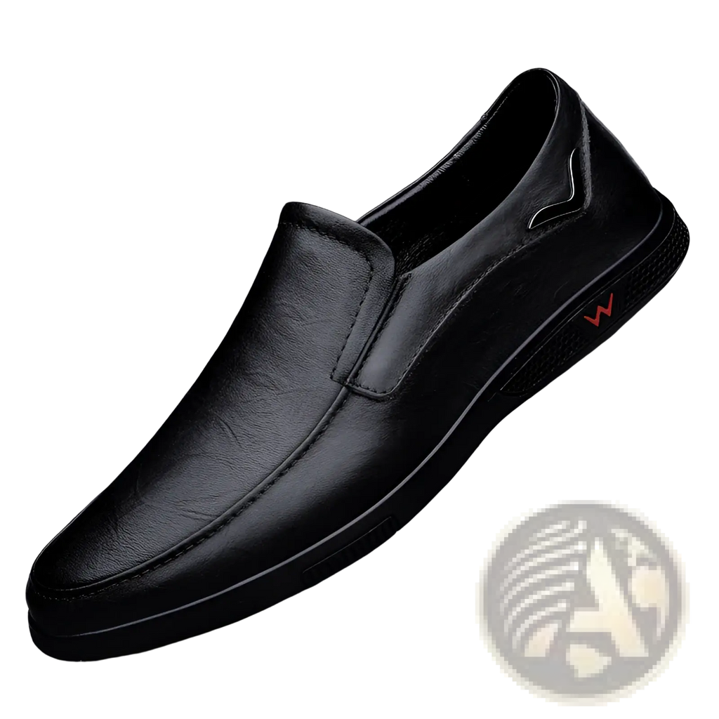 Men’s leather loafers british style slip-on shoes in black leather with subtle red logo on the side