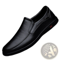 Men’s leather loafers british style slip-on shoes in black leather with subtle red logo on the side