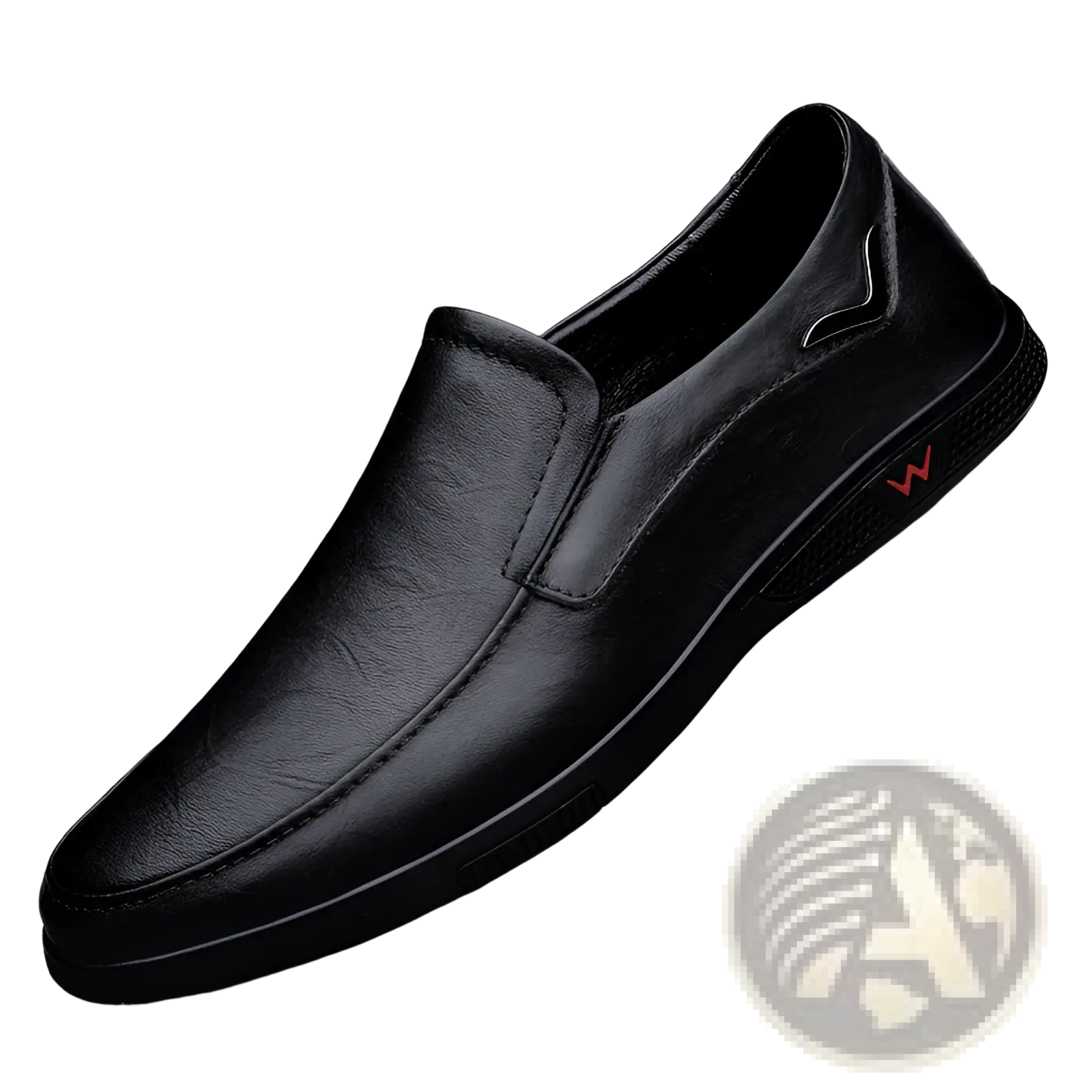 Men’s leather loafers british style slip-on shoes in black leather with subtle red logo on the side