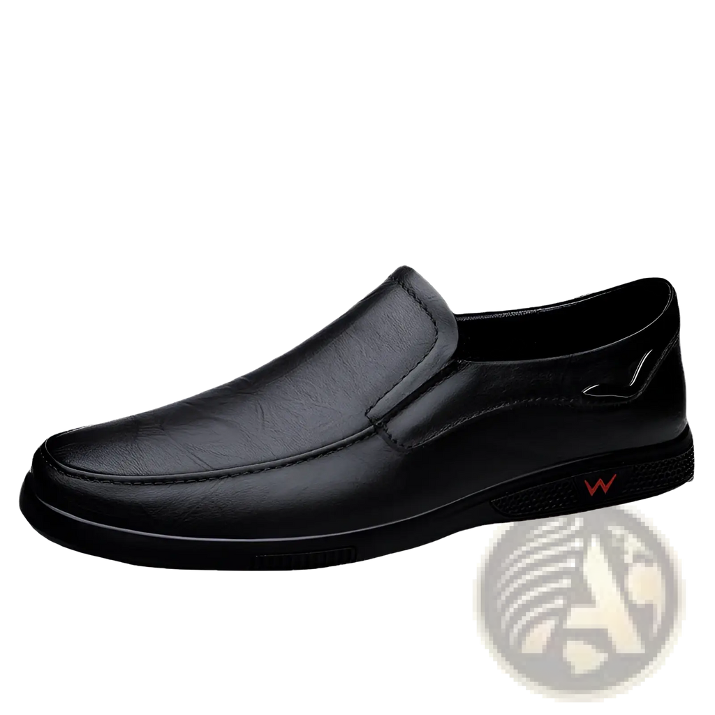 Black leather slip-on loafer with subtle textured finish and red logo on heel in men’s British style loafers