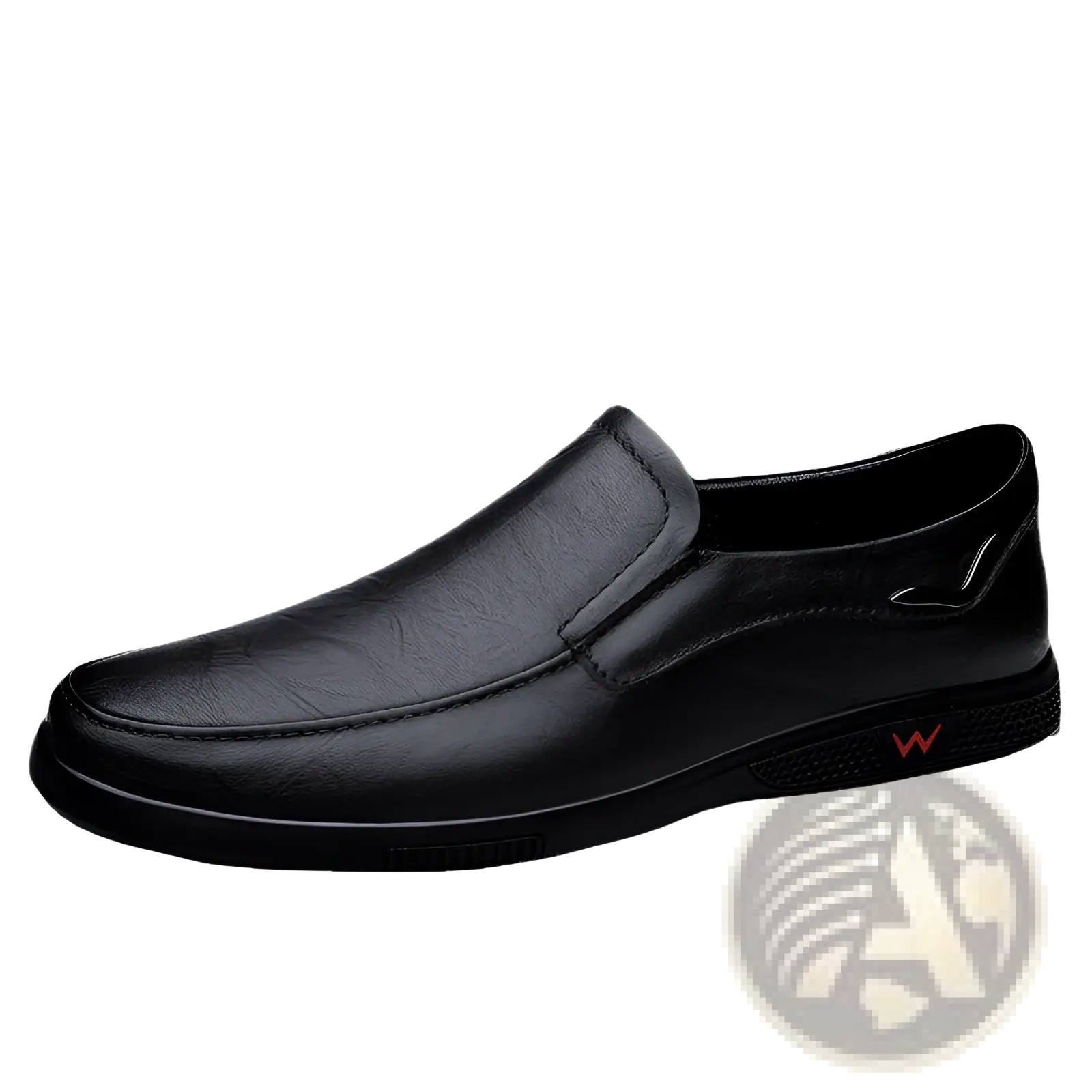 Black leather slip-on loafer with subtle textured finish and red logo on heel in men’s British style loafers