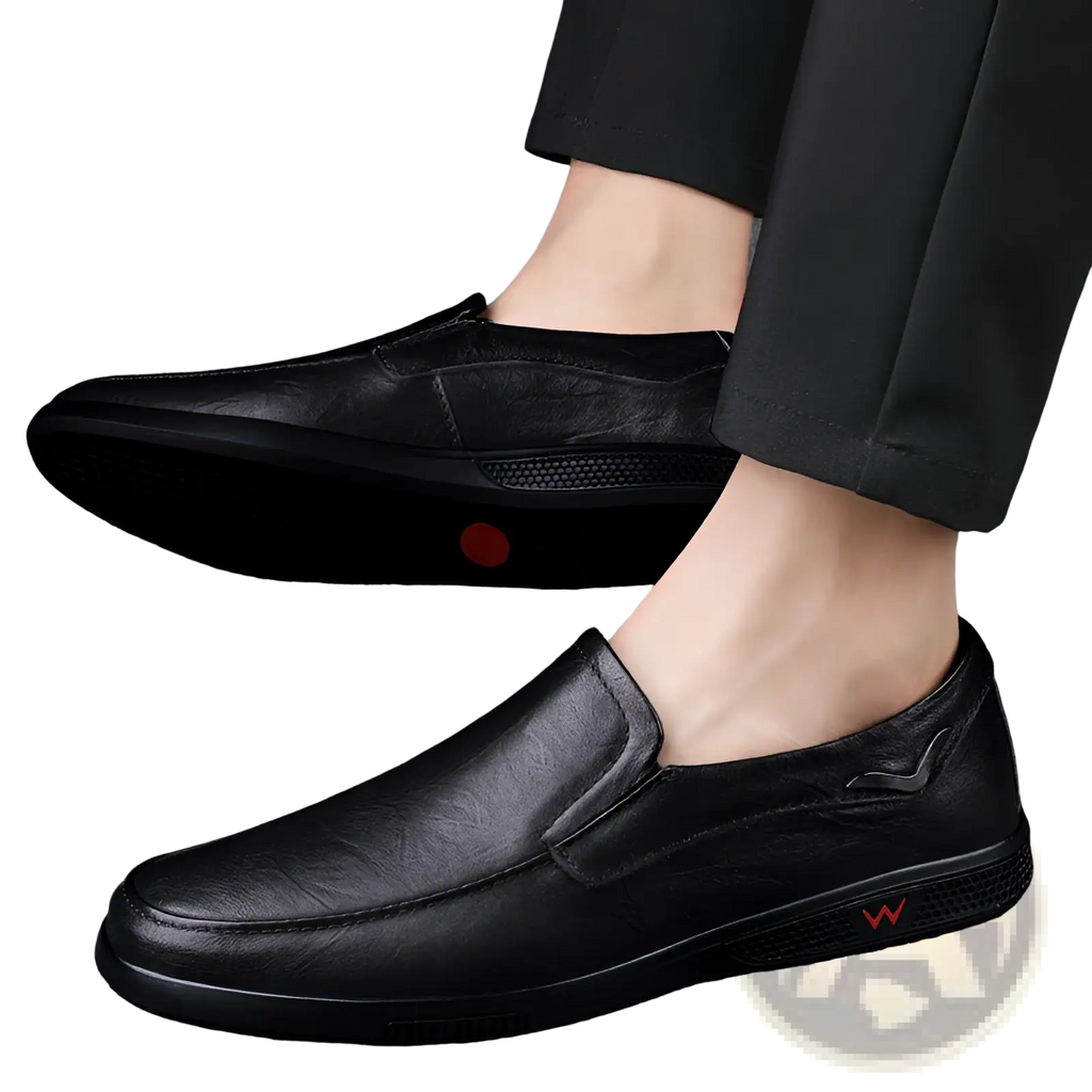 Men’s leather loafers British style black slip on shoes with textured sole and red logo detail
