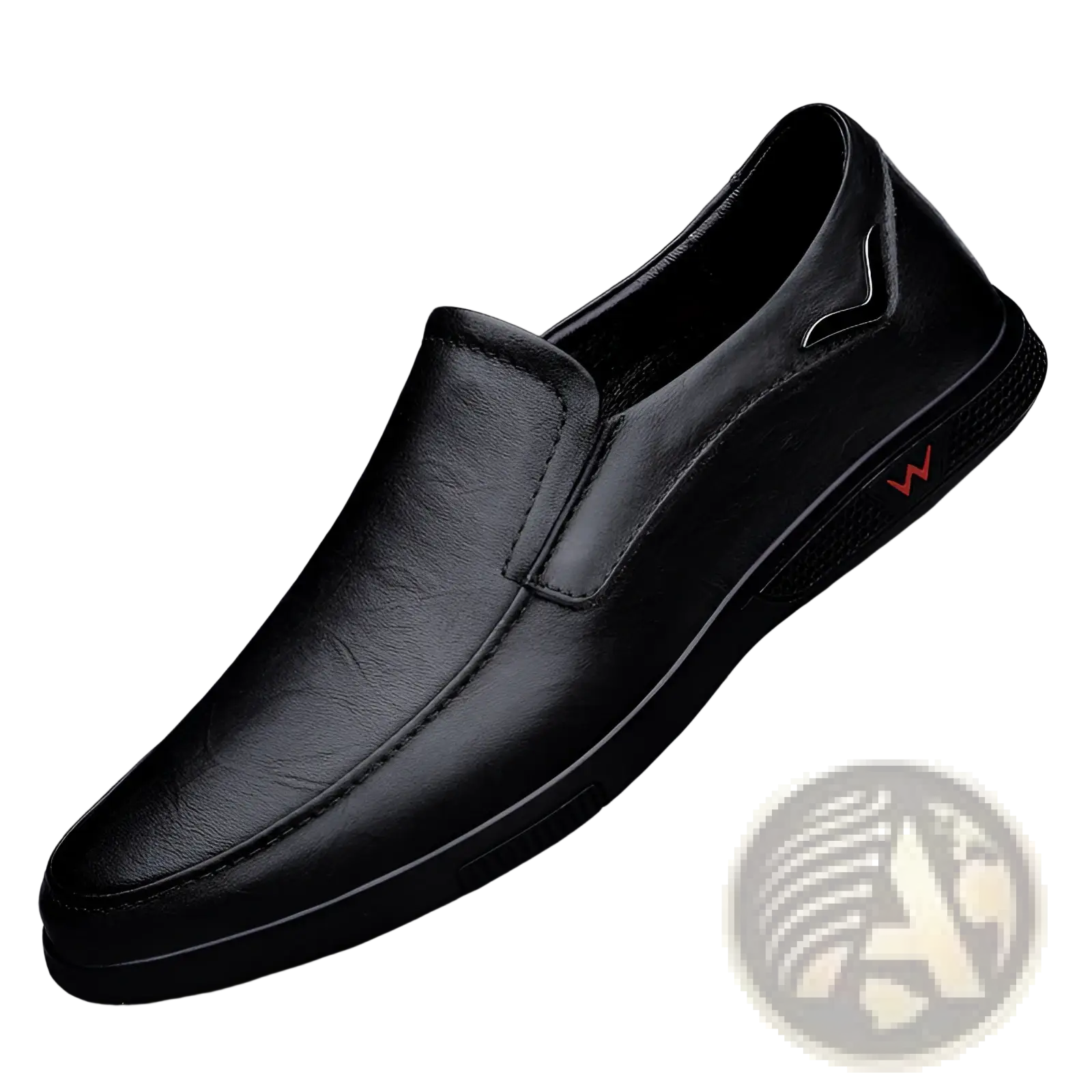 Men’s leather loafers british style slip on shoes in black leather with a subtle red logo on the side