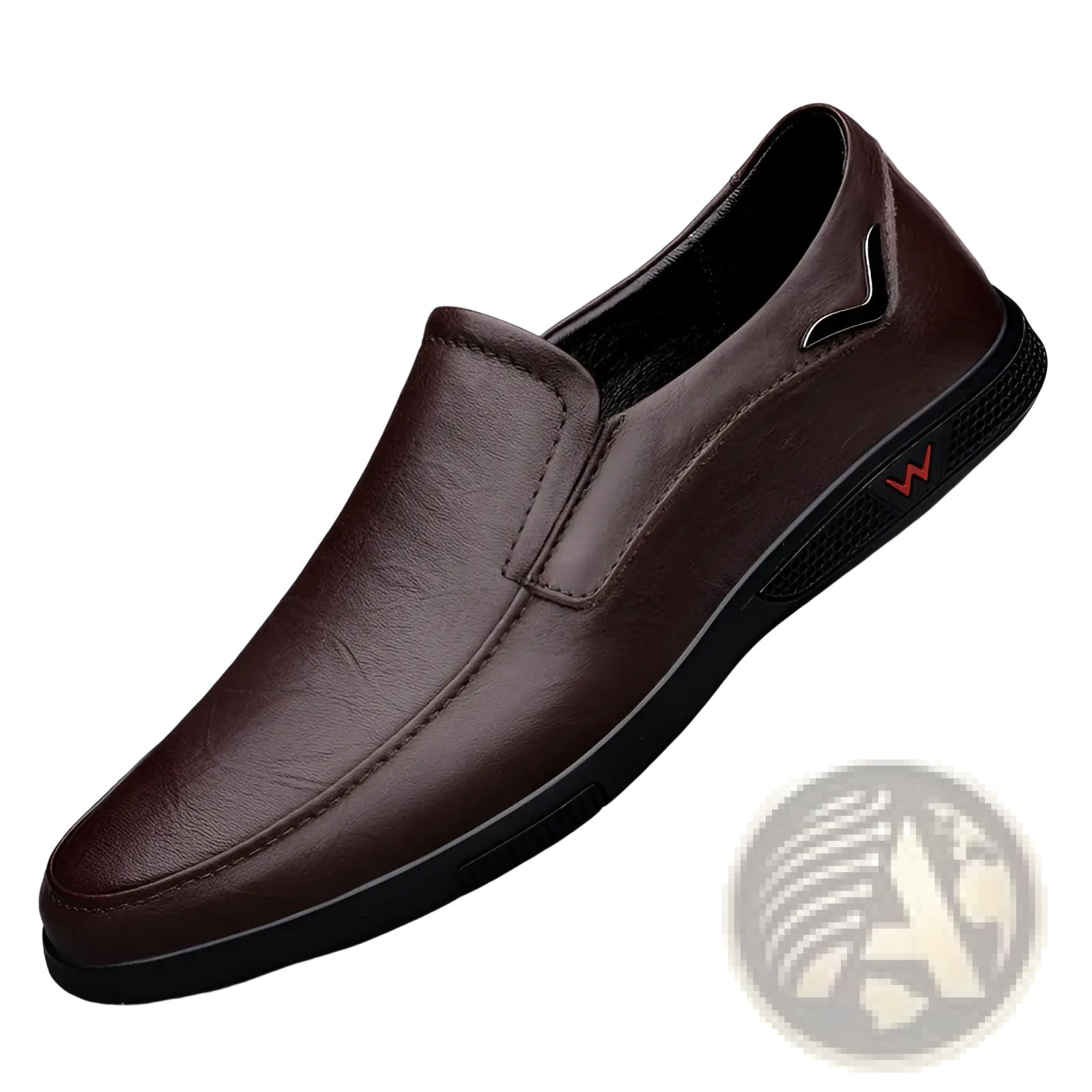 Men’s leather loafers British style slip on shoes in brown leather with black rubber sole and red logo detail