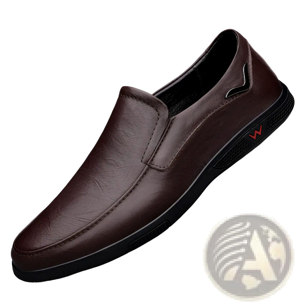 Men’s leather loafers British style slip on shoes in brown leather with black rubber sole and red logo detail