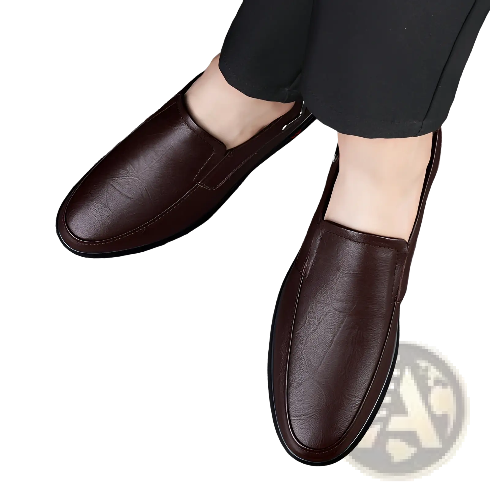 Men’s leather loafers british style slip on shoes in brown with subtle texture and black rubber soles