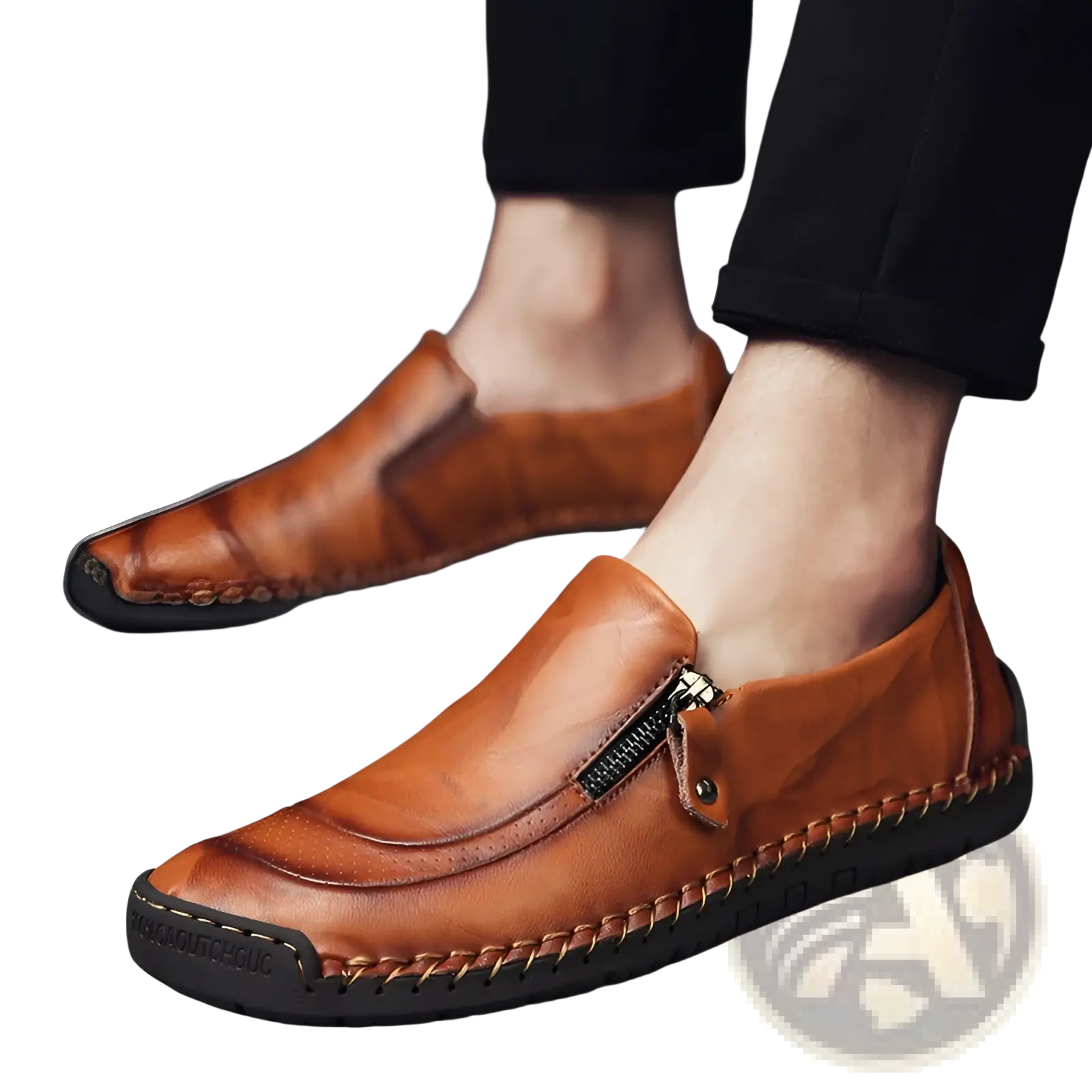 Men’s brown leather slip-on loafers with zipper closure and visible stitching for business casual wear