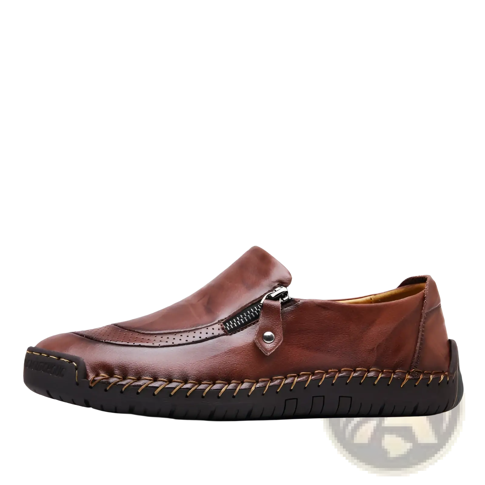 Brown leather slip-on men’s loafers with zipper closure and visible stitching for business casual wear