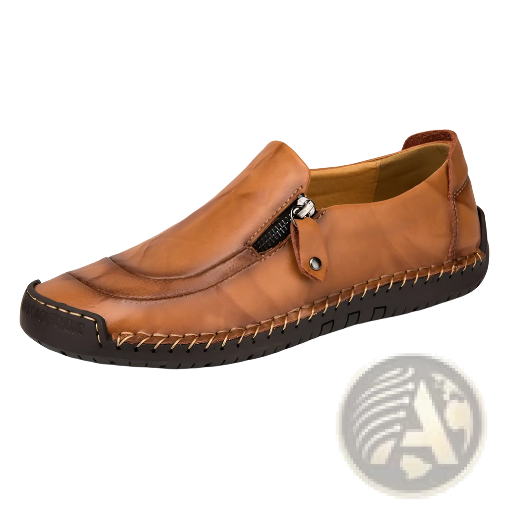 Tan leather men’s slip-on loafers with zipper closure and visible stitching for business casual wear