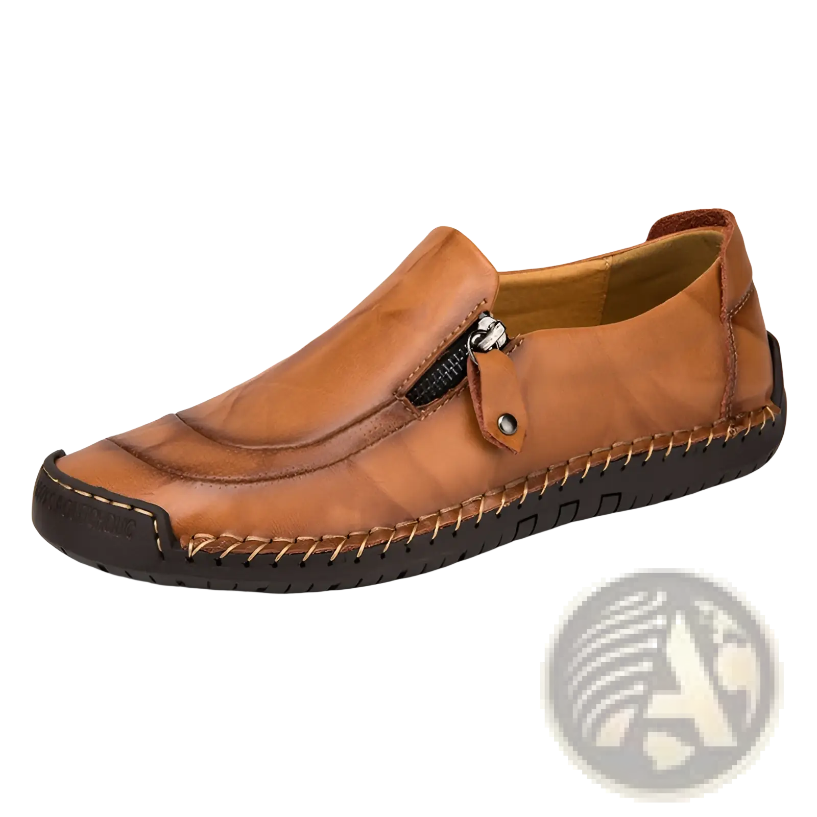 Tan leather men’s slip-on loafers with zipper closure and visible stitching for business casual wear